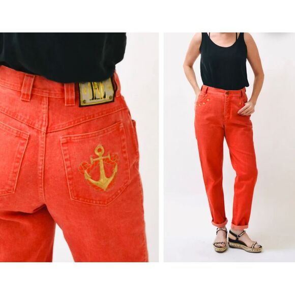 Vintage ESCADA by Margaretha Ley High Rise Jeans‎ Red Orange Embroidered Size 40